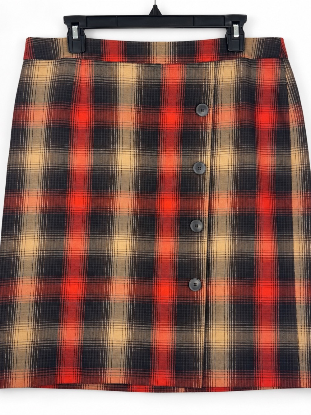 Plaid Button Front A Line Skirt Orange Tan Black Preppy Academia 16